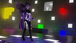 Size: 3840x2160 | Tagged: safe, artist:shadowboltsfm, twilight sparkle, alicorn, anthro, plantigrade anthro, g4, 3d, 4k, ankle boots, blender, bodysuit, boots, breasts, clothes, glowing, glowing eyes, high heel boots, high heels, high res, platform heels, q.u.b.e., shoes, solo, standing, stiletto heels, twilight sparkle (alicorn), wings