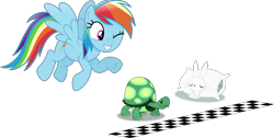 Size: 7826x3955 | Tagged: safe, artist:anime-equestria, angel bunny, rainbow dash, tank, pegasus, pony, rabbit, tortoise, g4, animal, checkered flag, flying, happy, one eye closed, pillow, simple background, sleeping, smiling, the tortoise and the hare, transparent background, vector, wings, wink