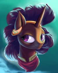 Size: 1280x1600 | Tagged: safe, artist:rocket-lawnchair, saffron masala, pony, unicorn, g4, bandana, ear piercing, earring, female, jewelry, mare, piercing, smiling