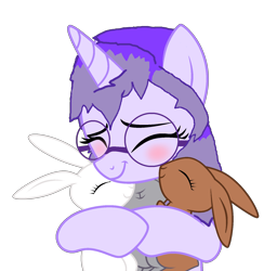 Size: 1590x1631 | Tagged: safe, artist:mellow91, artist:mint-light, oc, oc:glass sight, pony, rabbit, unicorn, animal, blushing, bust, cute, eyes closed, glasses, hug, ocbetes, simple background, transparent background