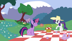 Size: 1920x1080 | Tagged: safe, artist:ursamanner, rarity, twilight sparkle, pony, unicorn, g4, basket, burger, cup, eating, flower, food, hat, hay burger, herbivore, looking at you, magic, mountain, picnic, picnic basket, picnic blanket, plate, poppy, rock, show accurate, smiling, smiling at you, teacup, teapot, telekinesis, tree, twilight burgkle, unicorn twilight