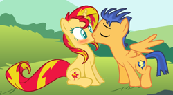 Size: 810x448 | Tagged: safe, artist:jadeharmony, flash sentry, sunset shimmer, pegasus, pony, unicorn, g4, blushing, female, kissing, male, ship:flashimmer, shipping, stallion, straight