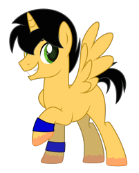 Size: 2200x2736 | Tagged: safe, artist:f1master45, oc, oc only, oc:swift bow, alicorn, pony, 2021 community collab, derpibooru community collaboration, alicorn oc, black hair, blue, green eyes, high res, horn, simple background, smiling, solo, transparent background, wings, wristband