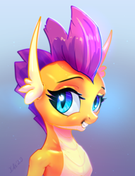 Size: 1116x1462 | Tagged: safe, artist:xbi, smolder, dragon, g4, bust, cute, dragoness, female, gradient background, grin, looking at you, portrait, smiling, smolderbetes, solo