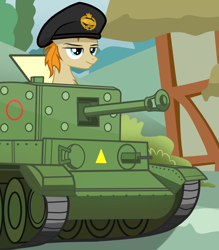 Size: 2800x3200 | Tagged: safe, artist:pizzamovies, oc, oc only, oc:pizzamovies, pony, beret, cromwell, hat, high res, male, show accurate, smug, solo, stallion, tank (vehicle)