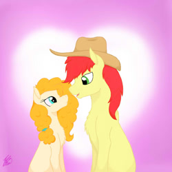 Size: 1000x1000 | Tagged: safe, artist:crystalcontemplator, bright mac, pear butter, earth pony, pony, g4, female, hat, male, mare, ship:brightbutter, shipping, signature, stallion, straight
