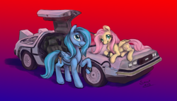 Size: 1761x1007 | Tagged: safe, artist:elisdoominika, fluttershy, oc, oc:thinker blue, pegasus, pony, g4, back to the future, car, cute, delorean, gradient background, lying down, raised hoof, smiling, smiling at you, watch
