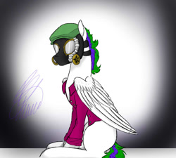 Size: 1000x900 | Tagged: safe, artist:crystalcontemplator, oc, oc only, pegasus, pony, clothes, gas mask, mask, pegasus oc, signature, sitting, solo, wings