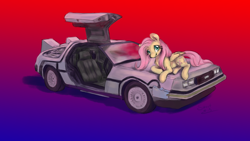 Size: 1920x1080 | Tagged: safe, artist:elisdoominika, fluttershy, pegasus, pony, g4, back to the future, car, cute, delorean, lying down, smiling, smiling at you, solo