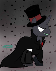 Size: 550x700 | Tagged: safe, artist:crystalcontemplator, pony, unicorn, abstract background, black hat (villainous), clothes, grin, hat, male, ponified, raised hoof, signature, smiling, solo, stallion, top hat, villainous