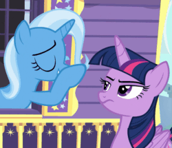 Size: 629x540 | Tagged: safe, screencap, trixie, twilight sparkle, alicorn, pony, unicorn, g4, to where and back again, animated, boop, duo, eyes closed, gif, non-consensual booping, reaction, trixie's wagon, twilight sparkle (alicorn)