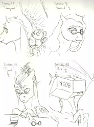 Size: 4890x6648 | Tagged: safe, artist:lady-limule, oc, oc only, oc:drizzle, oc:elusive, pony, cardboard box, cup, glasses, grayscale, inktober 2016, lineart, monochrome, traditional art