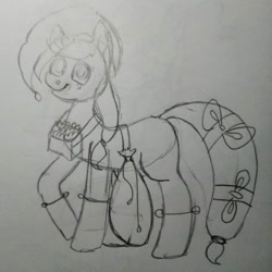 Size: 1080x1080 | Tagged: safe, artist:lowname, applejack, earth pony, pony, g4, bag, female, grayscale, lineart, mare, monochrome, present, smiling, solo, tail wrap, traditional art