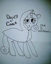 Size: 453x566 | Tagged: safe, artist:lowname, sweetie belle, pony, unicorn, g4, female, filly, inktober, inktober 2019, lineart, raincoat, solo, traditional art
