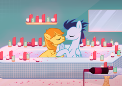 Size: 2603x1831 | Tagged: safe, artist:_cat_smoker_, braeburn, soarin', earth pony, pegasus, pony, g4, alcohol, bath, bathroom, bathtub, boop, bottle, candle, candlelight, commission, eyes closed, gay, glass bottle, holding hooves, hoof on chin, kissing, male, mirror, noseboop, raised hoof, ship:soarburn, shipping, stallion, water, wine, wine bottle, ych result