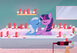 Size: 2629x1831 | Tagged: safe, artist:_cat_smoker_, trixie, twilight sparkle, alicorn, pony, unicorn, g4, alcohol, bath, bathroom, bathtub, boop, bottle, candle, candlelight, commission, eyes closed, female, glass bottle, holding hooves, hoof on chin, kissing, lesbian, mare, mirror, noseboop, raised hoof, ship:twixie, shipping, twilight sparkle (alicorn), water, wine, wine bottle, ych result