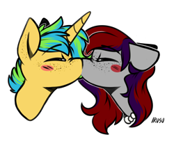 Size: 1696x1494 | Tagged: safe, artist:lrusu, oc, oc only, oc:sunrise sentry, pegasus, pony, unicorn, couple, female, freckles, jewelry, kissing, male, mare, necklace, pearl necklace, shipping, stallion