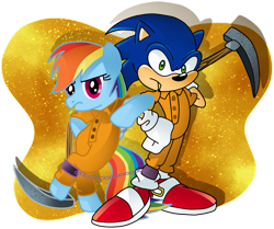 Size: 1099x917 | Tagged: safe, artist:pinkandorangesunset, rainbow dash, g4, bipedal, bipedal leaning, chain gang, crossover, duo, female, leaning, male, pickaxe, prisoner rd, shackles, sonic the hedgehog, sonic the hedgehog (series), toothpick