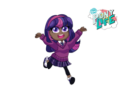Size: 2039x1447 | Tagged: safe, artist:theladysknight, twilight sparkle, human, g4.5, my little pony: pony life, alternate hairstyle, clothes, converse, dark skin, female, hairband, humanized, leggings, necktie, open mouth, shirt, shoes, simple background, skirt, socks, solo, sweater, transparent background