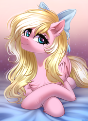 Size: 2600x3600 | Tagged: safe, artist:hakaina, oc, oc only, oc:bay breeze, pegasus, pony, g4, bed, bow, chest fluff, cute, ear fluff, female, hair bow, happy, high res, looking at you, lying down, mare, solo