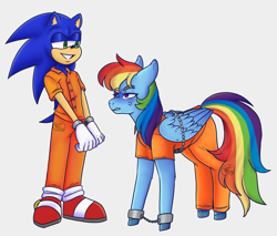 Size: 1915x1632 | Tagged: safe, artist:lilartsyprime, rainbow dash, pegasus, pony, g4, annoyed, clothes, cuffs, duo, female, male, mare, prison outfit, prisoner, prisoner rd, sonic the hedgehog, sonic the hedgehog (series)