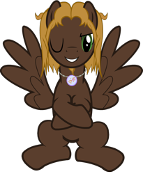 Size: 856x1044 | Tagged: safe, artist:raindashesp, oc, oc only, oc:mellow rhythm, pegasus, pony, 2021 community collab, derpibooru community collaboration, beard, crossed hooves, facial hair, feathered wings, jewelry, looking at you, male, necklace, one eye closed, simple background, solo, spread wings, transparent background, wings, wink, winking at you
