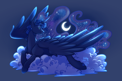 Size: 3000x2000 | Tagged: safe, artist:yami-sempai, princess luna, alicorn, pony, g4, cloud, digital art, ear fluff, female, high res, lying down, mare, on a cloud, profile, prone, simple background, smiling, solo, spread wings, turned head, wings