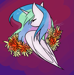 Size: 619x624 | Tagged: safe, artist:variat-dev, princess celestia, alicorn, pony, g4, bust, eyes closed, facing away, female, flower, mare, solo