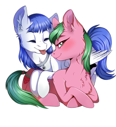 Size: 2874x3171 | Tagged: safe, artist:misterpolkovnik, oc, oc only, oc:pine berry, oc:snow pup, earth pony, pegasus, pony, :p, chest fluff, collar, crossed arms, ear fluff, earth pony oc, eyes closed, high res, looking at you, lying down, pegasus oc, pet tag, simple background, tongue out, transparent background, wings
