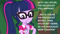 Size: 1280x720 | Tagged: safe, edit, screencap, sci-twi, twilight sparkle, equestria girls, equestria girls series, g4, the road less scheduled, spoiler:eqg series (season 2), holocaust, insane troll logic, op is on drugs, solo, wat