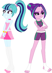 Size: 380x528 | Tagged: safe, artist:darthrivan, artist:sturk-fontaine, aria blaze, sonata dusk, equestria girls, g4, alternate universe, base used, clothes, duo, duo female, exeron fighters, feetwraps, female, handwraps, martial artist, martial arts kids, muay thai, popstar, siblings, simple background, singer, socks, sports tape, stirrup bandages, the dazzling family, twin sisters, white background