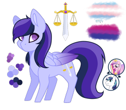Size: 1200x1053 | Tagged: safe, artist:magicuniclaws, princess cadance, shining armor, oc, oc:eurydice, pegasus, pony, g4, bisexual, bisexual pride flag, female, offspring, parent:princess cadance, parent:shining armor, parents:shiningcadance, pride, pride flag, reference sheet, simple background, teenager, transgender, transgender pride flag, transparent background