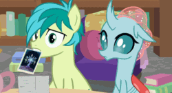Size: 980x531 | Tagged: safe, screencap, ocellus, sandbar, tree of harmony, changedling, changeling, earth pony, pony, g4, what lies beneath, animated, cropped, eyes closed, facehoof, female, gif, male, mouth hold, photo, stallion