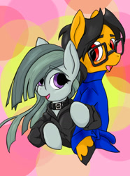 Size: 1072x1440 | Tagged: safe, artist:a.s.e, marble pie, oc, oc:a.s.e, earth pony, pony, g4, canon x oc, clothes, collar, couple, duo, earth pony oc, female, glasses, happy, male, ponysona, shipping, together