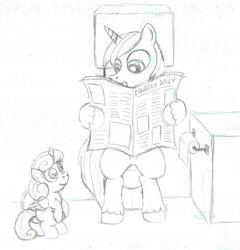 Size: 1812x1889 | Tagged: safe, anonymous artist, princess flurry heart, shining armor, equestria daily, g4, but why, father and child, father and daughter, female, implied pooping, looking at each other, male, newspaper, potty, potty training, reading, sitting on toilet, sketch, toilet, toilet paper