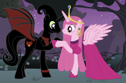 Size: 3776x2512 | Tagged: safe, pony, adventure time, business suit, canterlot, cartoon network, clothes, crossover, dress, female, high res, holding hooves, husband and wife, male, mare, nergal, nergal and princess bubblegum, night, ponified, pony maker, princess bubblegum, stallion, the grim adventures of billy and mandy