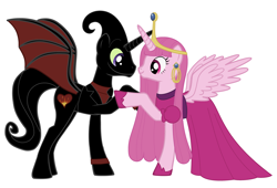 Size: 3716x2524 | Tagged: safe, artist:nathaniel718, pony, adventure time, business suit, cartoon network, clothes, crossover, dress, female, high res, holding hooves, husband and wife, male, mare, nergal, nergal and princess bubblegum, ponified, pony maker, princess bubblegum, shipping, simple background, stallion, suit and tie, the grim adventures of billy and mandy, white background