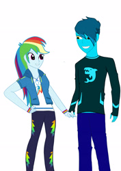 Size: 2480x3508 | Tagged: safe, artist:darkland_production, rainbow dash, oc, oc:penshark, equestria girls, g4, canon x oc, clothes, cutie mark, cutie mark on clothes, duo, fangs, female, geode of super speed, high res, magical geodes, male, simple background, straight, white background