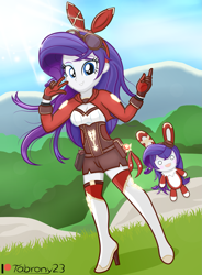 Size: 1415x1927 | Tagged: safe, artist:tabrony23, rarity, equestria girls, g4, amber (genshin impact), baron bunny (genshin impact), boots, clothes, cosplay, costume, cute, female, genshin impact, gloves, looking at you, patreon, patreon logo, shoes, show accurate, smiling, solo