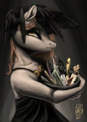 Size: 1407x1978 | Tagged: safe, artist:laps-sp, oc, oc only, oc:absinthe hyacinthum, bird, earth pony, raven (bird), anthro, clothes, dress, knife, looking up, solo