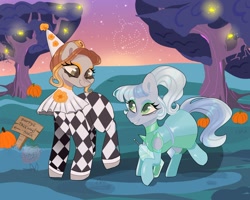 Size: 2048x1635 | Tagged: safe, artist:pineappleartz, oc, oc only, oc:absinthe hyacinthum, oc:midnight note, oc:space cadet, earth pony, pegasus, pony, clothes, clown, costume, halloween, halloween costume, looking at each other, pumpkin, stars, tree