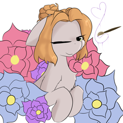 Size: 2362x2362 | Tagged: safe, artist:jubyskylines, oc, oc only, oc:absinthe hyacinthum, earth pony, pony, flower, high res, looking at you, simple background, solo, white background