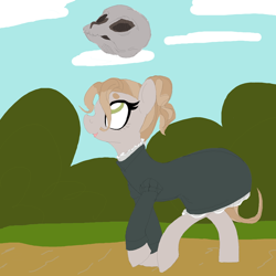 Size: 640x640 | Tagged: artist needed, safe, oc, oc only, oc:absinthe hyacinthum, earth pony, pony, clothes, looking up, skull, solo, walking