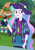 Size: 431x614 | Tagged: safe, screencap, princess celestia, principal celestia, human, equestria girls, g4, my little pony equestria girls: better together, the road less scheduled, the road less scheduled: celestia, :o, clothes, cropped, denim, denim shorts, feather necklace, female, food, hat, jacket, leggings, lipstick, open mouth, shorts, sun hat, sushi, tank top, watch, wristband, wristwatch