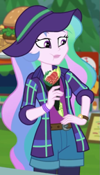 Size: 337x585 | Tagged: safe, screencap, princess celestia, principal celestia, equestria girls, g4, my little pony equestria girls: better together, the road less scheduled, the road less scheduled: celestia, belt, clothes, cropped, eating, feather necklace, flannel, flannel shirt, food, hand on hip, hat, pantyhose, puffy cheeks, shorts, solo, sushi, sushi cone, watch, wristband, wristwatch