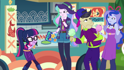 Size: 1920x1080 | Tagged: safe, screencap, cranky doodle donkey, princess celestia, princess luna, principal celestia, sci-twi, twilight sparkle, vice principal luna, equestria girls, equestria girls series, the road less scheduled, the road less scheduled: celestia, spoiler:eqg series (season 2), backwards ballcap, baseball cap, bracelet, cap, choker, clothes, cutie mark, cutie mark on clothes, dress, eyeshadow, feather necklace, flannel, flannel shirt, food, glasses, hand on mouth, hand over mouth, hands on mouth, hat, ice cream, jewelry, lidded eyes, lipstick, looking at someone, makeup, music festival outfit, one eye closed, pantyhose, pointing behind, shocked, shorts, sleeveless, sleeveless dress, smiling, sushi, wink