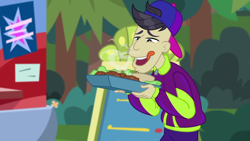 Size: 1920x1080 | Tagged: safe, screencap, cranky doodle donkey, equestria girls, equestria girls series, g4, the road less scheduled, spoiler:eqg series (season 2), backwards ballcap, baseball cap, cap, falafel, food, hat, hungry, male, solo, tongue out