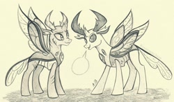 Size: 2291x1349 | Tagged: safe, artist:rossmaniteanzu, pharynx, thorax, changedling, changeling, g4, brothers, changedling brothers, king thorax, male, monochrome, pencil drawing, pony eyes, prince pharynx, siblings, sketch, traditional art