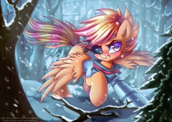 Size: 1024x725 | Tagged: safe, artist:chaosangeldesu, oc, oc only, oc:flaming hoof, pegasus, pony, angry, angry face, armor, blizzard, clothes, commission, dark magic, female, forest background, magic, mare, pegasus oc, scarf, snow, snowfall, solo, spread wings, wings