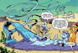 Size: 1491x1019 | Tagged: safe, artist:andypriceart, idw, applejack, crystal (g4), dust devil (idw), abada, earth pony, kelpie, pony, g4, season 10, spoiler:comic, spoiler:comic91, black sclera, cactus, cropped, desert, female, ice, kindness, mare, nonbinary, snow, snowman